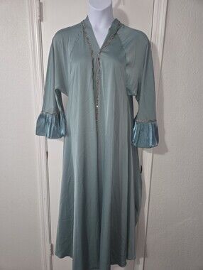 Elegant Seafoam Green Long Sleeve Women's Dress/Gown with Gold Trim